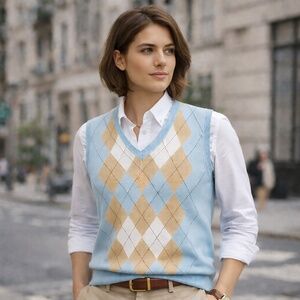 Izod women's vest size L argyle baby blue ribbed Golf Classic tennis prep preppy